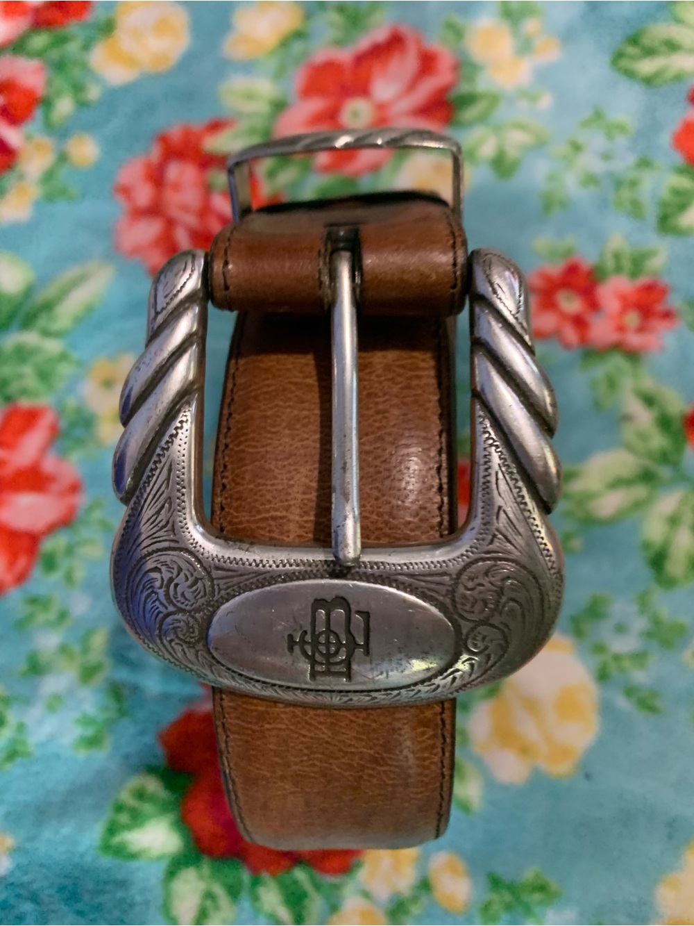 Vintage Lucchese Brown Goat Leather Belt & Silver Buckle